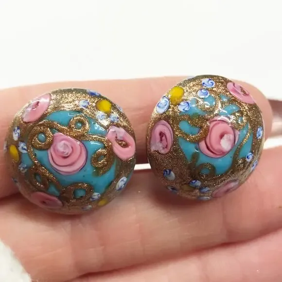 VTG Itlay Venetian Murano Fiorato Lampwork Wedding Cake Button Clip On Earrings - Picture 7 of 12